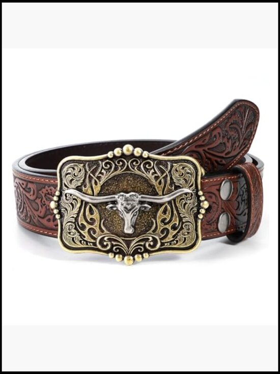 Floral Engraved Longhorn Bull Buckle Western Belt for Jeans main image 7